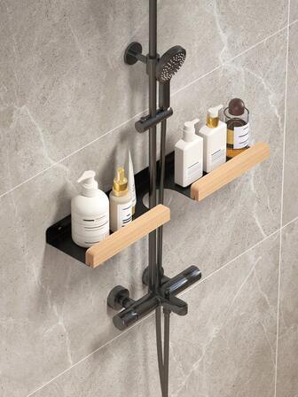 Estantería de ducha de madera moderna, estantería de almacenamiento de baño montada en la pared, estantería a prueba de óxido para ducha - Organizador de ducha sin taladrar - Soporte para champú, jabón y gel de baño Estantería de baño