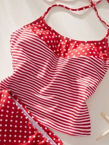 Women's Swimsuit Camisole/Red Polka Dot Striped Retro Print Women's Crop Top Spaghetti Strap Bra-Style Camisole - Red - View 11