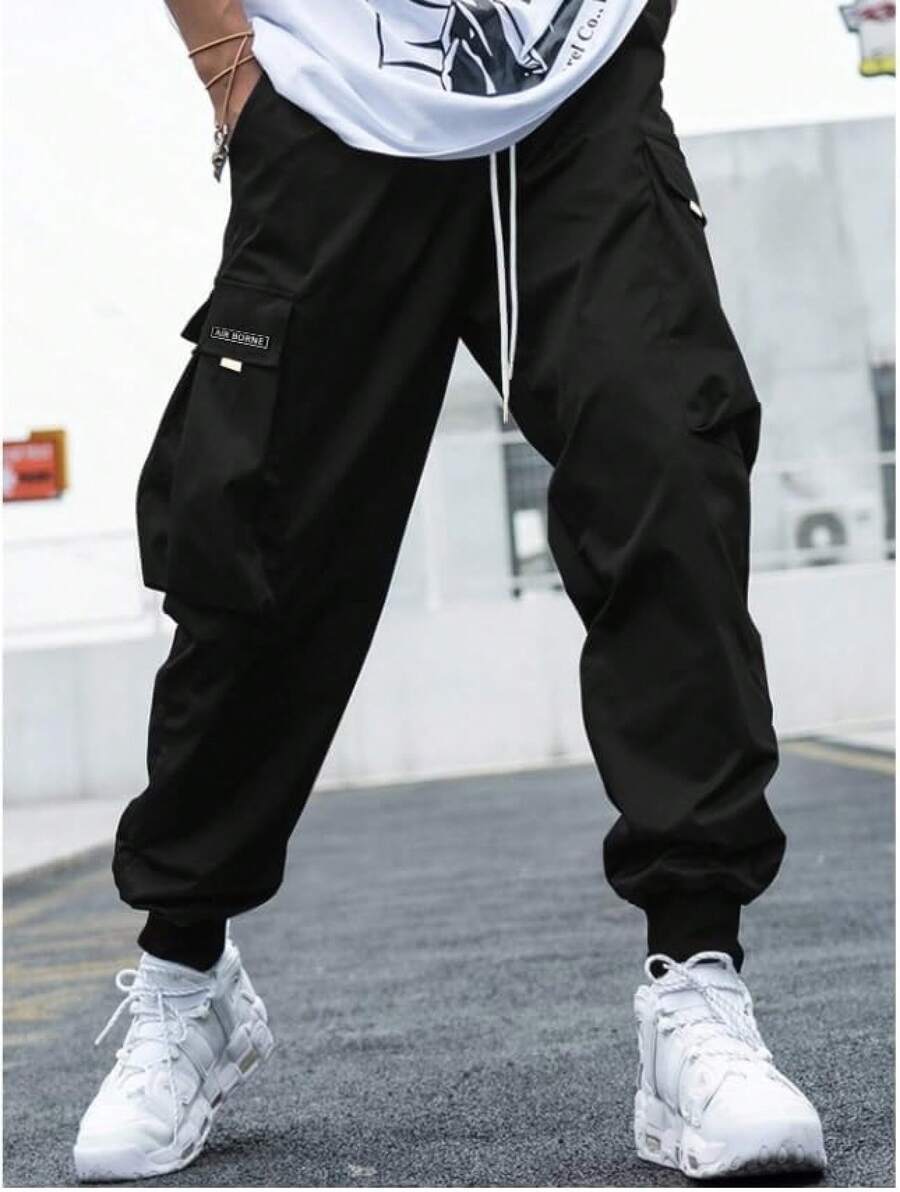 Pantalones Tipo Cargo para Hombre, Cintura elástica con cordón Pantalones atléticos Bolsillo con Letras gráficas,Pantalones Jogger Hombre - Caqui - Ver 1