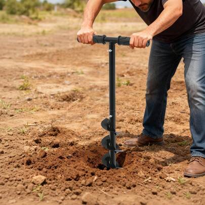 Manual Hole Digger With Spiral Blade, 24" Long, Lightweight, Durable T-Handle For Gardening, Ice Fishing & Planting, Black