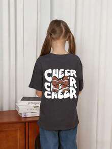 Tween 女童蝴蝶结和字母图案圆领短袖 T 恤，休闲夏季上衣 - 深灰色 - 查看 2