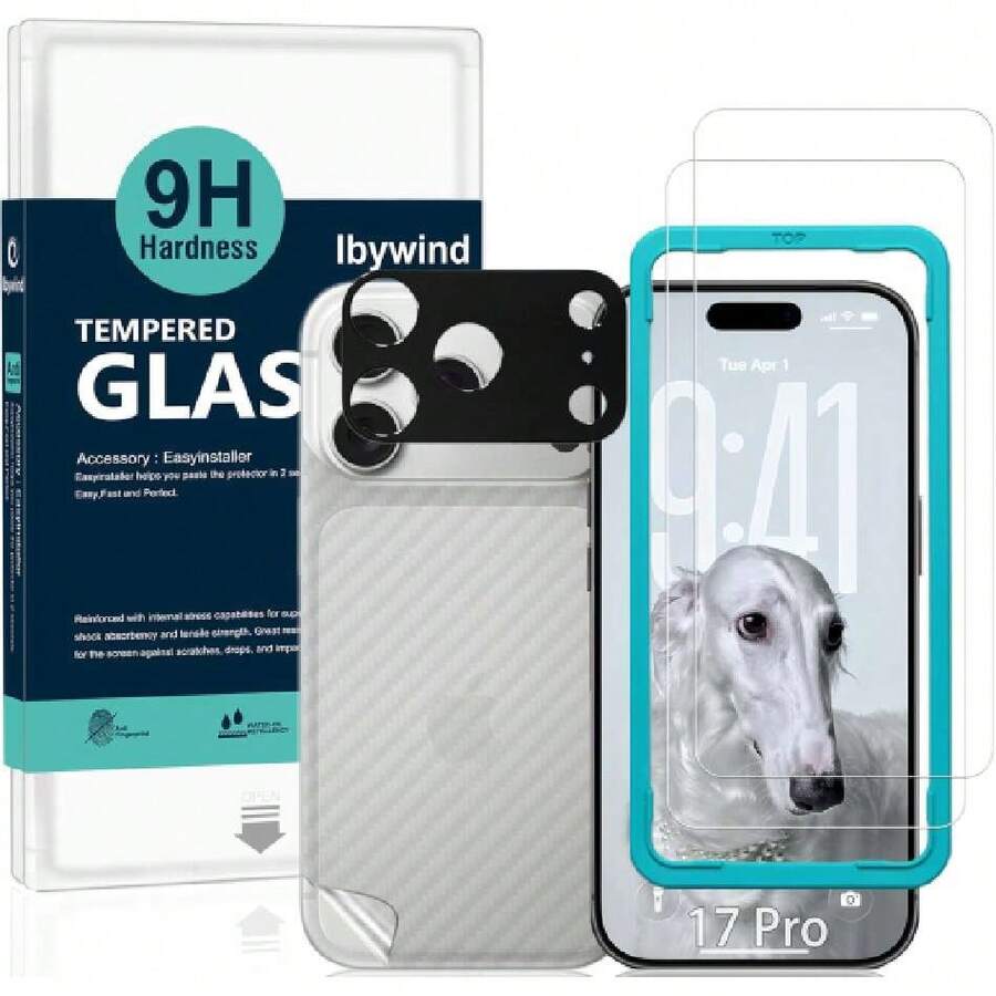 para iPhone 17 Pro 5G, 2 Protector Pantalla+1 Protector Cámara+1 Protector Trasera Fibra Carbono,Cristal Templado,37337785 - Marrón Mocha - Ver 1