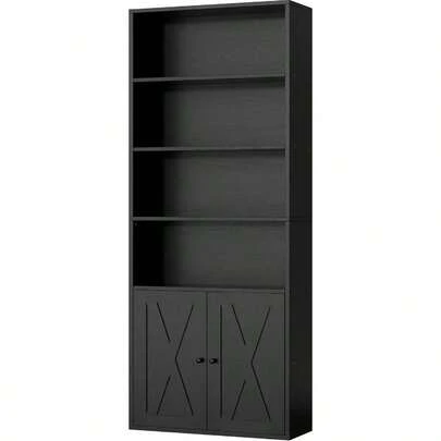 Bookshelf, Industrial Bookshelves And Bookcases With Doors Floor Standing 6 Shelf Display Storage Shelves 70.9 Inches Tall Bookcase For Home Office, Living Room (Black)