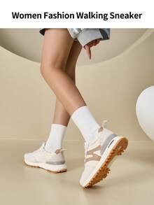 somiliss 1 Paar Damen Lässig Sportschuhe, Schnürung vorne, Leder & Stoff Patchwork, leicht & bequem flache Outdoor Walkingschuhe, geeignet für Pendeln, Yoga, Fitness, Joggen, apricotfarbene Sneaker