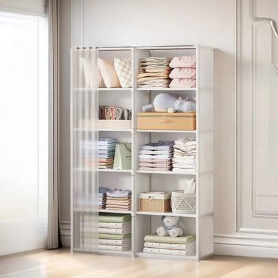 Armario blanco de tela a prueba de polvo, 2 filas de 6 capas de almacenamiento, dormitorio de alquiler habitación de casa dormitorio simple pequeño armario
