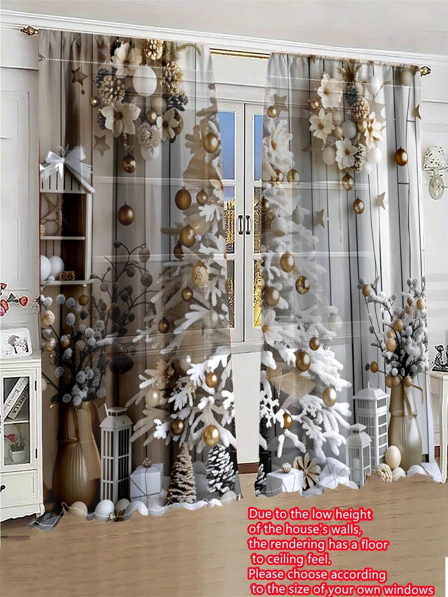 2 件圣诞树半透明窗帘，客厅、卧室家居装饰隐私保护