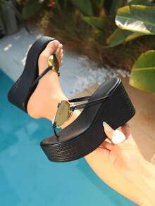 Women's Platform Wedge Casual Beach Thong Sandals - Black - View 3
