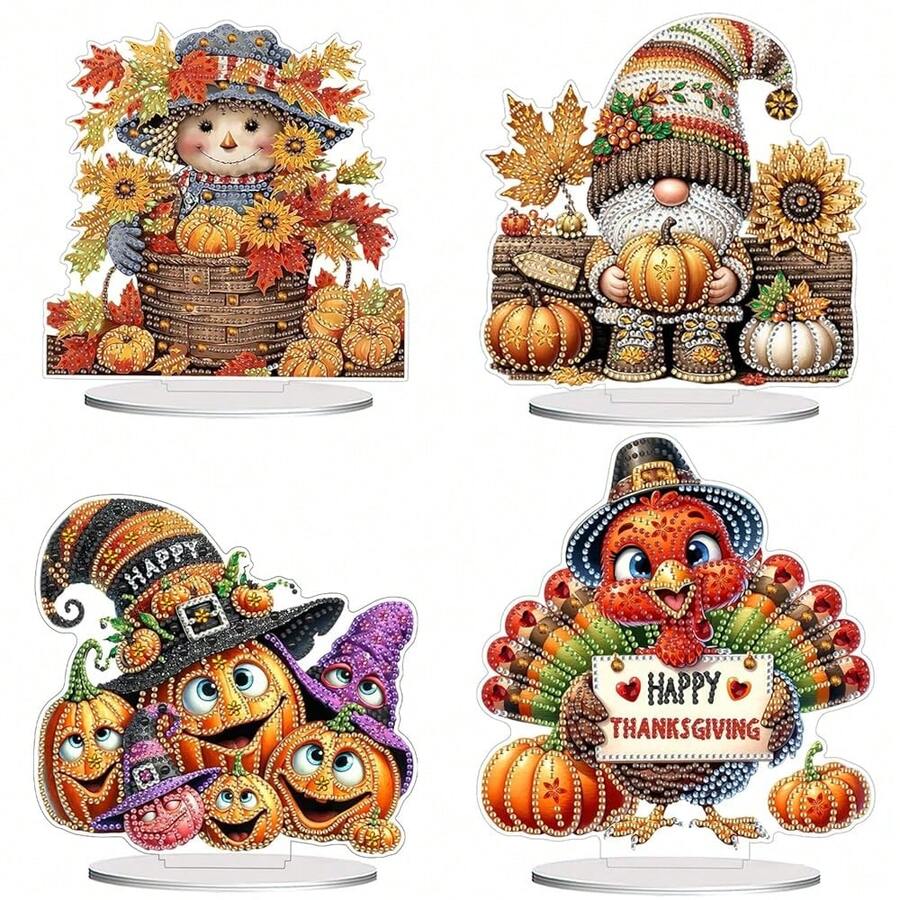Decor For Home Diamonds Art Kit Decorations , 4 Pack Fall Tables Diamonds Painting Kit For Adult Tabletop Gift DIY 5D Diamonds Dots, Special Crystal Diamond Halloween Than1ks 1giving Day 7.8x7.8 Inch - DP01793 - 查看 1