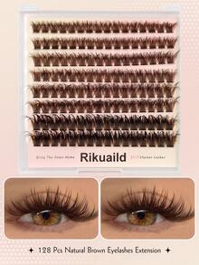 Rikuaild 128片D型卷翘稀疏棕色簇状假睫毛，100D自然浓密棕色假睫毛，适合日常妆容、居家或户外使用，也适合派对、音乐节和旅行妆容，可重复使用的棕色单根假睫毛。 - D - 查看 2