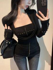 2件套美式性感低领长袖修身铆钉露脐上衣黑色春季款 - 黑色 - 查看 4
