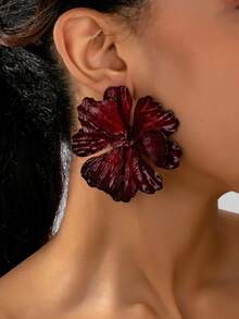 2pcs Exaggerated Metal Dark Red Oversized Flower Stud Earrings For Women, Suitable For Parties, Valentine's Day, Gatherings, Vacation, Beach, Spring/Summer New Arrivals - Dark Red - View 1