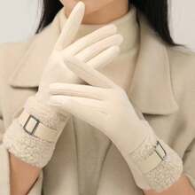 1pc Suede Fleece Gloves, Winter Warm Thicken Buckle Closure Outdoor Riding Driving Touchscreen Gloves - White - View 3