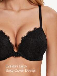 WINGSLOVE Eyelash Lace Underwire Bra Deep V Push-Up Lightly Padded Adjustable Convertible Crisscross Strap Bra - Black - View 3