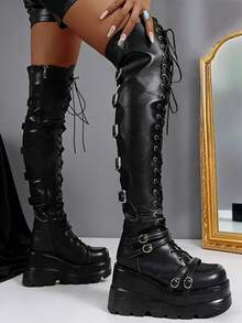 Women's Black Platform Boots Over Knee Thigh High Goth Boots For Women Lace Up Chunky Heel Motorcycle Boots Buckles Side Zip Lace Boots Dressy Party Y2K Shoes - màu đen - Xem 1