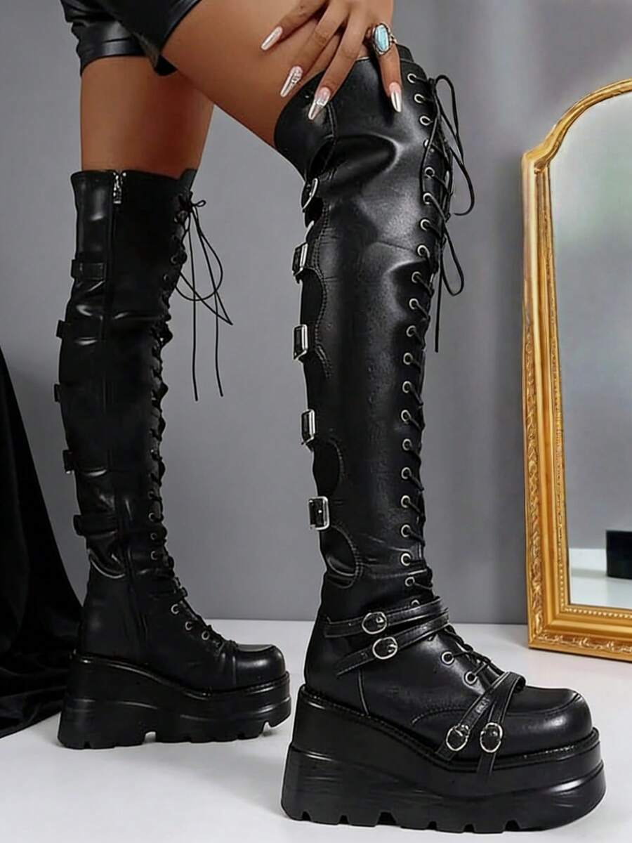 Women's Black Platform Boots Over Knee Thigh High Goth Boots For Women Lace Up Chunky Heel Motorcycle Boots Buckles Side Zip Lace Boots Dressy Party Y2K Shoes - màu đen - Xem 1