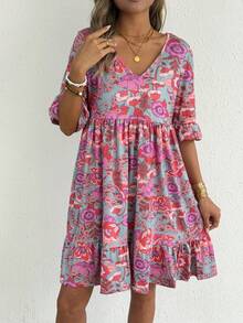 European And American Style Women's Summer New Casual V-Neck Floral Print Bohemian Dress, Bohemian Style Floral Print V-Neck Short Sleeve Ruffle Hem Loose A-Line Dress, Knit Fabric Short Skirt - Red - View 4