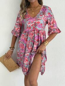 European And American Style Women's Summer New Casual V-Neck Floral Print Bohemian Dress, Bohemian Style Floral Print V-Neck Short Sleeve Ruffle Hem Loose A-Line Dress, Knit Fabric Short Skirt - Red - View 6