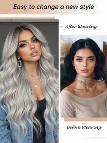 24 Inch Long Wavy Ombre Gray Wig With Bangs, Long Curly Synthetic Hair Wig, Heat Resistant, Suitable For - Grey - View 2