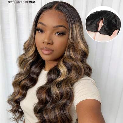 MEGALOOK 30 Inch Ombre Upgraded V-Shaped Seamless Wig, 100% Human Hair, Natural Wavy Curls, No Need For Leaving Hair, No Glue, Brazilian Remy Hair Wig, Upgraded V-Shape, 180% Density, Ombre Colored Wig - Beginner Friendly, Natural Appearance, Suitable For Daily Wear, Office, Halloween Party, Y2K Style, Vacation, Outdoor Role Play, School, Christmas, Wedding, Festivals, Suitable For Women