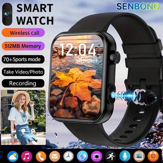  Reloj inteligente SENBONO de 1.91 pulgadas de pantalla HD grande - Cargado de características - Cámara, álbum, grabación, esferas dinámicas, llamada inalámbrica, notificaciones de mensajes, múltiples modos deportivos, música local, reloj despertador. Ideal para hombres y mujeres, regalo ideal para las vacaciones