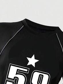 少女数字印花短袖上衣和裤子套装 - 黑色 - 查看 3