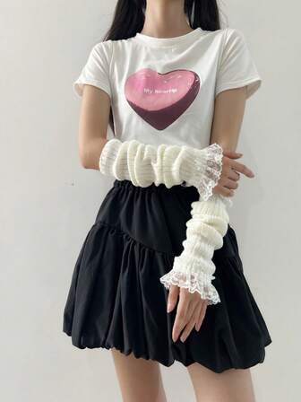 1 Pair Women's White Lace Trim Arm Warmers, Autumn/Winter New Knitted Black Knitted Gloves, Lolita Princess Style Arm Sleeves, Suitable For Dates/Daily Wear