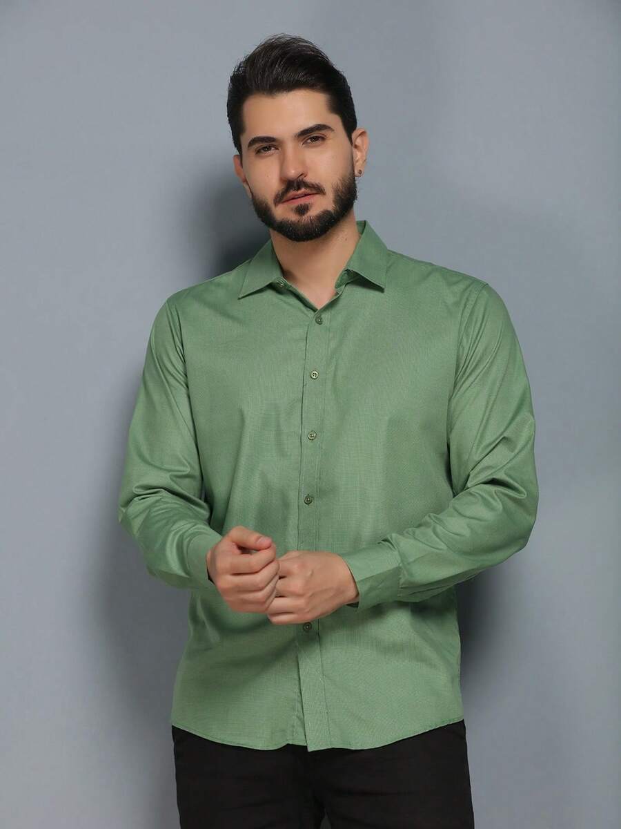 Men's Slim Fit Long-Sleeved Dress Shirt - Green - View 1