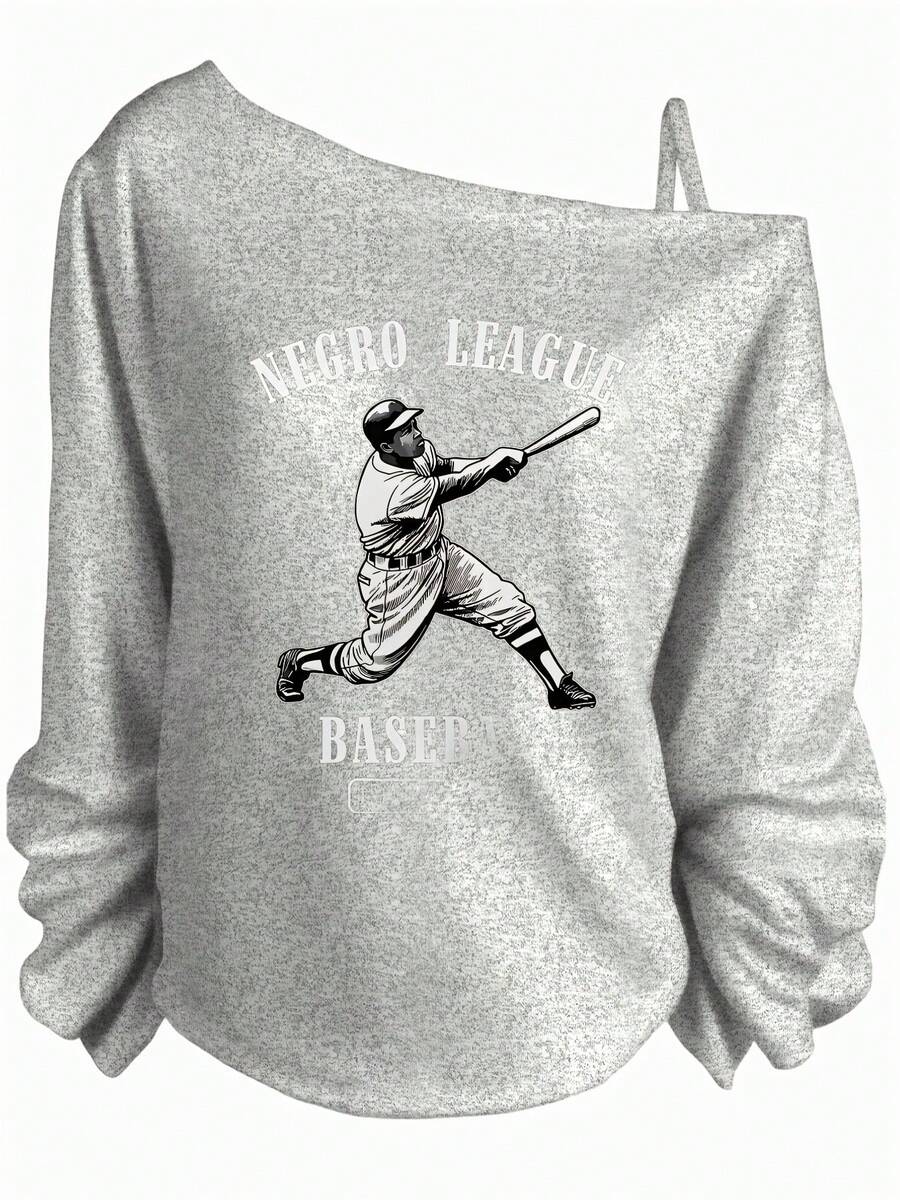 Black Off - Shoulder Long Sleeve Sweatshirt With White Baseball Player Graphic (Batting Stance, Cap, Jersey, Pants) - 'NEGRO LEAGUE' And 'BASEBALL' Bold Text Above/Below Player, Casual Sports - Themed Crewneck TopSpring Women's Set Women's Hoodie Basic Hoodie Valentine's Day Women's Set,Summer Outfits For Women,Spring Tops - 灰色 - 查看 1