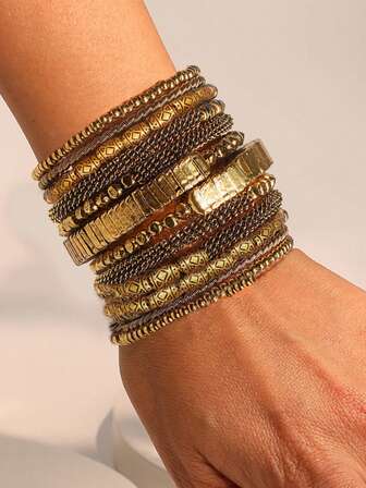 צמיד גלישה רב שכבתי רטרו לנשים - עיצוב מתכוונן עם חרוזים בגוון זהובים וגווני שחור/חום/נחושת, תכשיטים לכל עונה ליומיום ולמסיבה, פריט סטייטמנט הניתן לערום לבני נוער ומבוגרים, התאמה נוחה ועמידה, חרוזים ארוגים בצורה מורכבת בגוונים אדמתיים, וינטג' ללבוש קז'ואל וחגיגי, מתאים לכל עונות השנה, אין צורך בציפוי, צמידים רחבים לנשים במידות גדולות