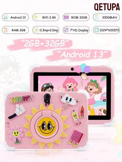 Qetupa Tableta Android 13 para niños con diseño de girasol de 7 pulgadas, 2GB RAM + 32GB ROM, procesador MTK 6737 Quad-Core ARM Cortex-A53 a 1.3GHz, pantalla táctil IPS de 1024*600, batería de 3000mAh, cámara dual de 0.3MP + 2.0MP, WiFi 802.11b 2.4G, regalo perfecto para Navidad, cumpleaños y fiestas (adaptador no incluido)