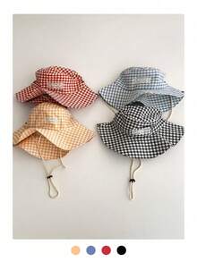 1 pieza Sombrero de cubo ajustable con bordado a cuadros casual, sombrero de sol de ala ancha con decoración de lazo de encaje a cuadros para mujer, estampado de cuadros vintage de color contrastante con cordón, ala ancha bohemia para vacaciones, protección solar de primavera/verano, aspecto monocromático brillante, sombrero de viaje con protección UV - Etiqueta de tela a cuadros con lazo - Ver 2