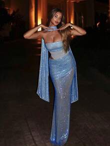 Shiny Sleeveless Maxi Party Dress, Sequin Mesh Cocktail Gown With Stretch, Sequin Patchwork - Blue - View 5