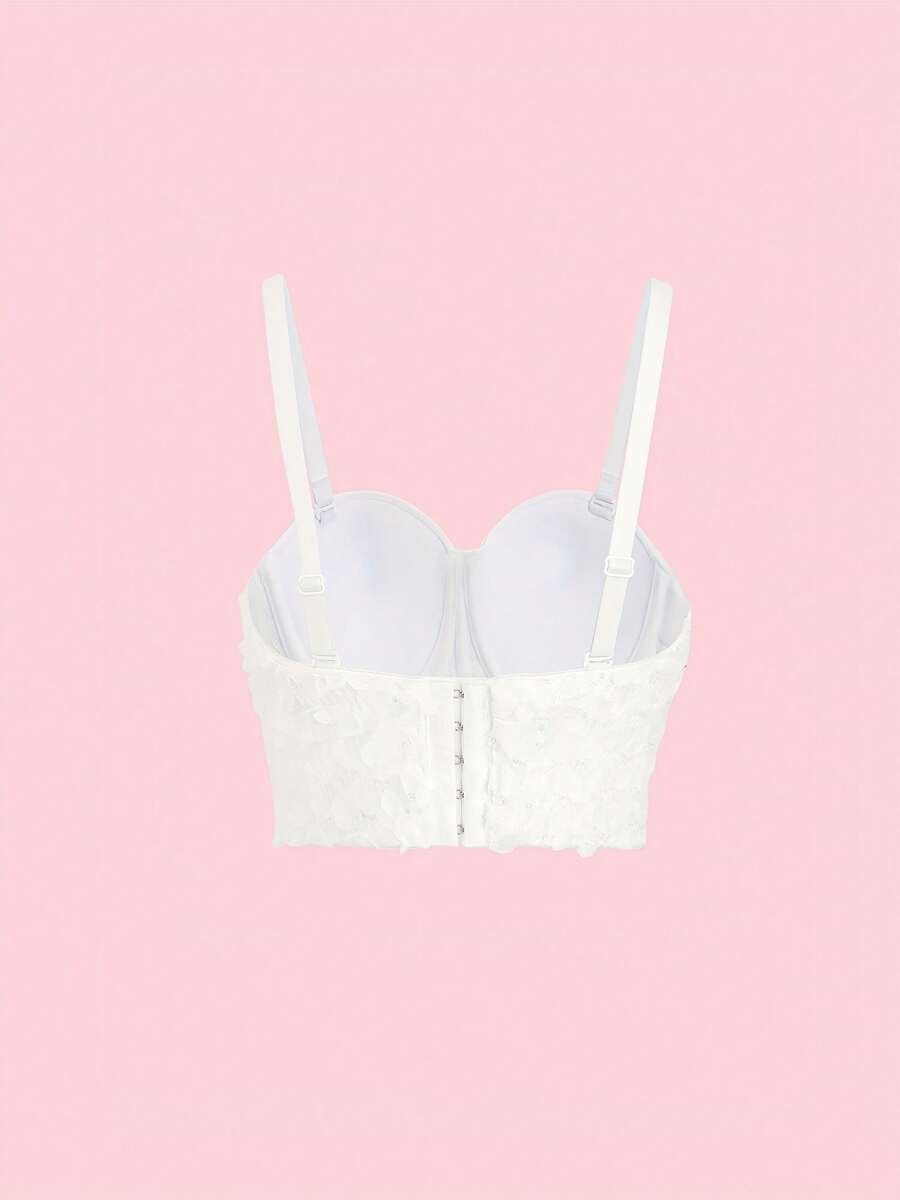 Cute Butterfly Lace Ditsy Floral Camisole With Padding, Backless Crop Top, Sexy Midriff-Baring Cami Top Casual - View 1