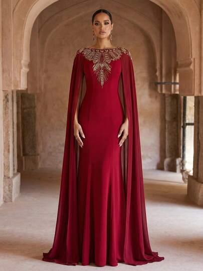 Women's Luxury Burgundy Fitted Formal Dress, Long Sleeve, Dignified And Elegant, Suitable For Parties, Weddings And Other Formal Occasions