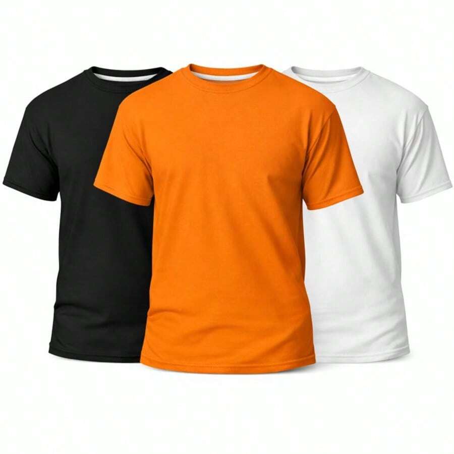 Set Of 3 Men's Basic Plain T-Shirts, 100% Cotton, 30.1 Mm - 黑/橙/白 - 查看 1