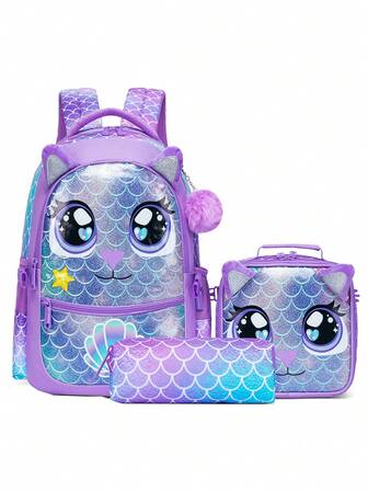 Juego de 3 piezas de mochila de moda para niños con cuero PU, decoración con brillo y mariposa, correas acolchadas duraderas y transpirables, llavero de peluche, lonchera que se puede adjuntar a la mochila, ideal para la escuela, viajes, senderismo, campamento, gran regalo para el regreso a la escuela, Navidad, Año Nuevo, cumpleaños