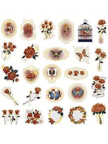 50pcs/Set Romance Aesthetic Gold Stamping Red Rose Transparent PET Stickers, DIY Decorative Decals For Luggage Notebook Laptop Guitar Phone Stationery Sticker Scrapbook Supplies Scrapbook