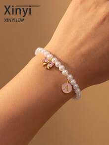 1pc Fashionable Cute Pink A-Z Initials & Bowknot Handmade Faux Pearl Bracelet For Women For Small Accessory Design Bracelet