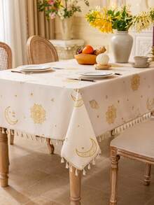 1pc Beige Rectangular Tablecloth, Boho Style With Tassels, Moon, Lanterns, Stars, Geometric Patterns, Washable, Suitable For Dining Table, Coffee Table, Kitchen, Living Room, Meals, Gatherings, Parties, Holiday Celebrations, Islamic Festivals, Gifts - Beige - View 13