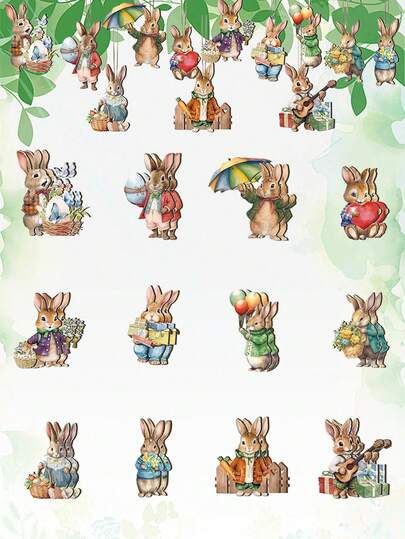 12件装木制兔子挂饰，春季树饰，快乐兔子装饰，乡村空心农舍风格挂饰，带绳，动物主题复活节兔子装饰，适合家居和厨房