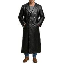 Men's Double-Breasted Black Leather Trench Coat - Vintage German Classic Military Officer Uniform Long Jacket - Black - View 3