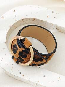 1件装女士时尚夸张几何金属豹纹皮革手链，适合日常佩戴