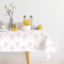 1pc Pink Bow Rectangle Tablecloth,220*130cm/86.6*51.2inch Party Tablecloths Disposable - Pink Bow Pattern Disposable Tablecloths - Plastic Waterproof Tablecloth For Birthday,Valentine's Day,Easter Wedding Party Supply - Pink - View 2