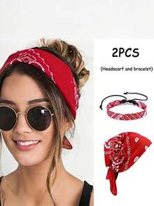 2pcs/Set Bohemian Paisley Headband & Bracelet, Handmade Arabic Style Bracelet, Vintage Hip-Hop Design, Unisex, Suitable For Cycling, Street Dance, Motorcycle Riding Mask, Headband