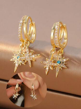 1 par de pendientes con colgante de doble octágono de circonita, pendientes versátiles y dulces para uso diario