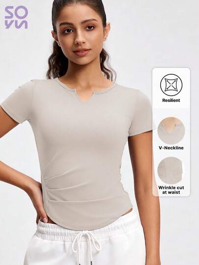 Soyun One-Piece V-Neck Yoga Short-Sleeved Top Bare-Feel Quick-Drying Fitness Pleated Sports Yoga