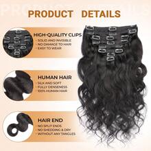 BINF Body Wave Seamless Clip In Hair Extensions, 8PCS Premium Brazilian Remy Real Human Hair, Invisible Natural Blend Full Head Hairpieces For Holiday Celebration Date Daily Styling, 8-24 Inch - Natural Black - 查看 2