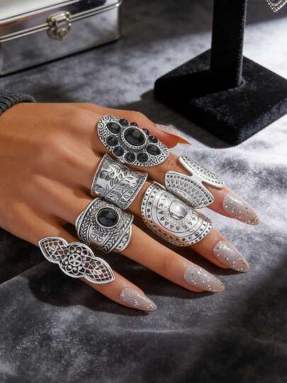 7 件套优雅复古黑玛瑙戒指 - 百搭波西米亚合金首饰，适合日常风格和特殊场合