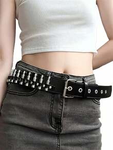 1PC Rivet Punk Belt PU Leather Bullet Belt Fashion Joker Punk Style Bullet Belt New Ladies Personalized Decorative Belt Summer, School Fall, Autumn, Halloween, Valentine Gift, Valentine's Gift - 黑色 - 查看 4