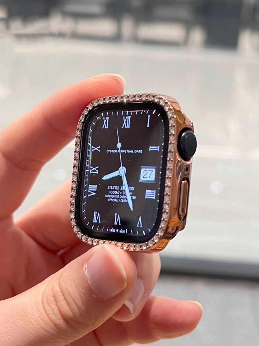 1 pieza Protector de pantalla de vidrio templado ultra delgado, resistente a arañazos y decorado con cristales de imitación de color oro rosa, compatible con Apple Watch 40/41/42/44/45/46/49mm, aplicable a Series Ultra/SE/10/9/8/7/6/5/4, accesorio de funda protectora para smartwatch